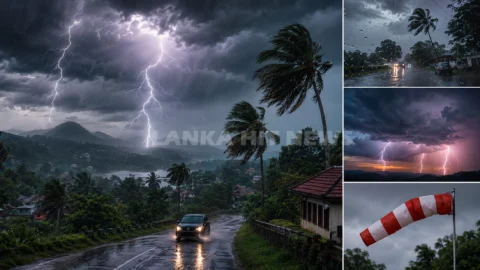 ශ්‍රී ලංකාවේ පළාත් සහ දිස්ත්‍රික්ක රැසකට බලපාන ගිගුරුම් සහිත වැසි සහ තද සුළං තත්ත්වය පෙන්වන දෛනික කාලගුණ සිතියම