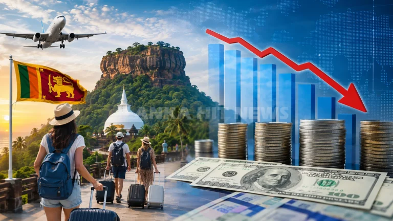 ශ්රී ලංකාවේ සංචාරක කර්මාන්තයෙන් ලැබුණු ආදායම සියයට 11.9කින් පහළ බැස ඇති බව පෙන්වන ශ්රී ලංකා මහ බැංකු ලාංඡනය සහ මුදල් නෝට්ටු