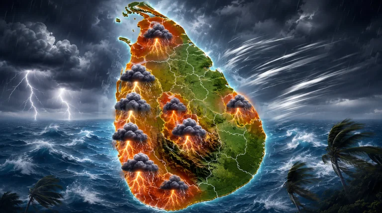 කාලගුණයෙන් විශේෂ අනතුරු ඇඟවීමක් නිකුත් කරමින් දිවයිනේ ප්රදේශ කිහිපයකට තද වැසි සහ සුළං ඇතිවන බව පෙන්වන සිතියම